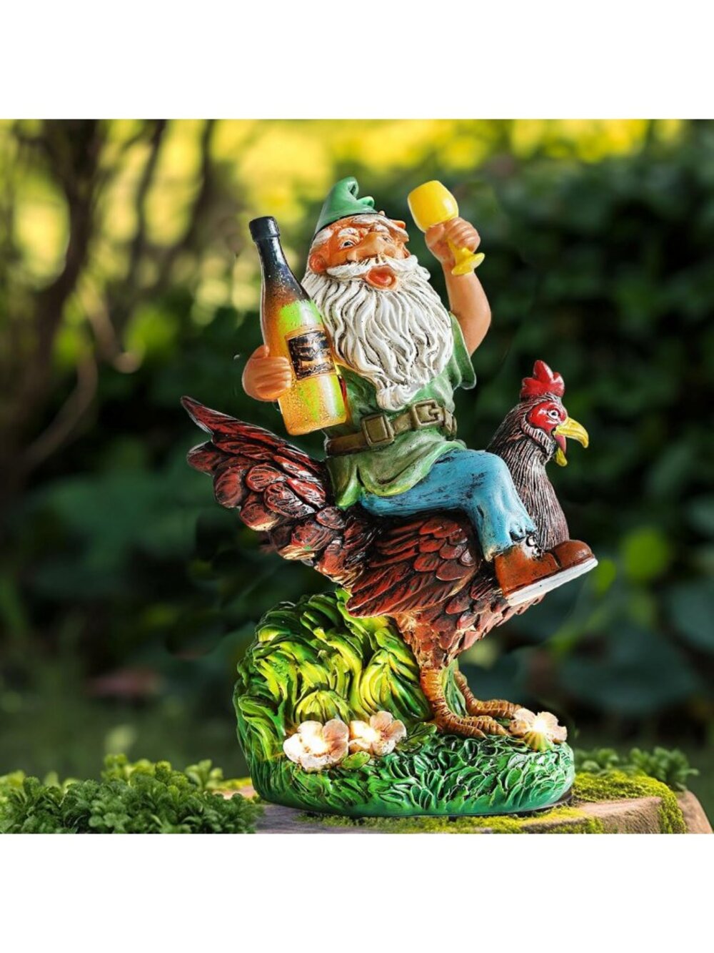 Funny Garden Gnome Riding Rooster Statue - Outdoor Decor for Yard, Patio & Home
